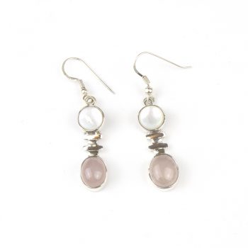 mother of pearl, rose quartz, drop earrings, hook fastening, rose quartz drop earrings