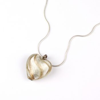 gold glass heart pendant on silver snake chain