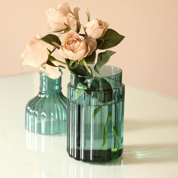 teal green vase with roses